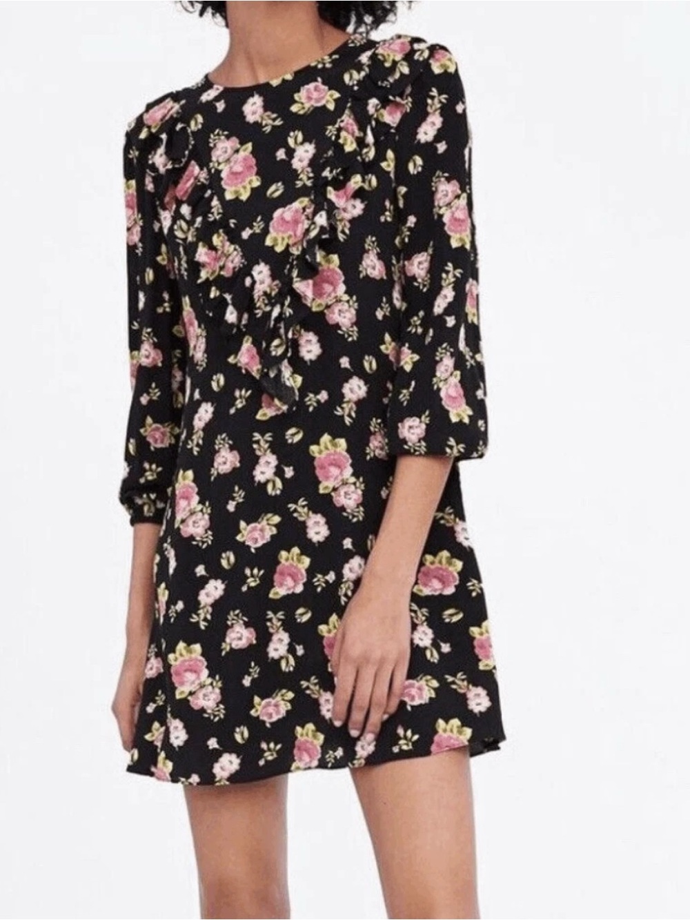 Zara The Sandy Dress Black Floral Ruffle Mini Dress Long Sleeve Size Small Boho